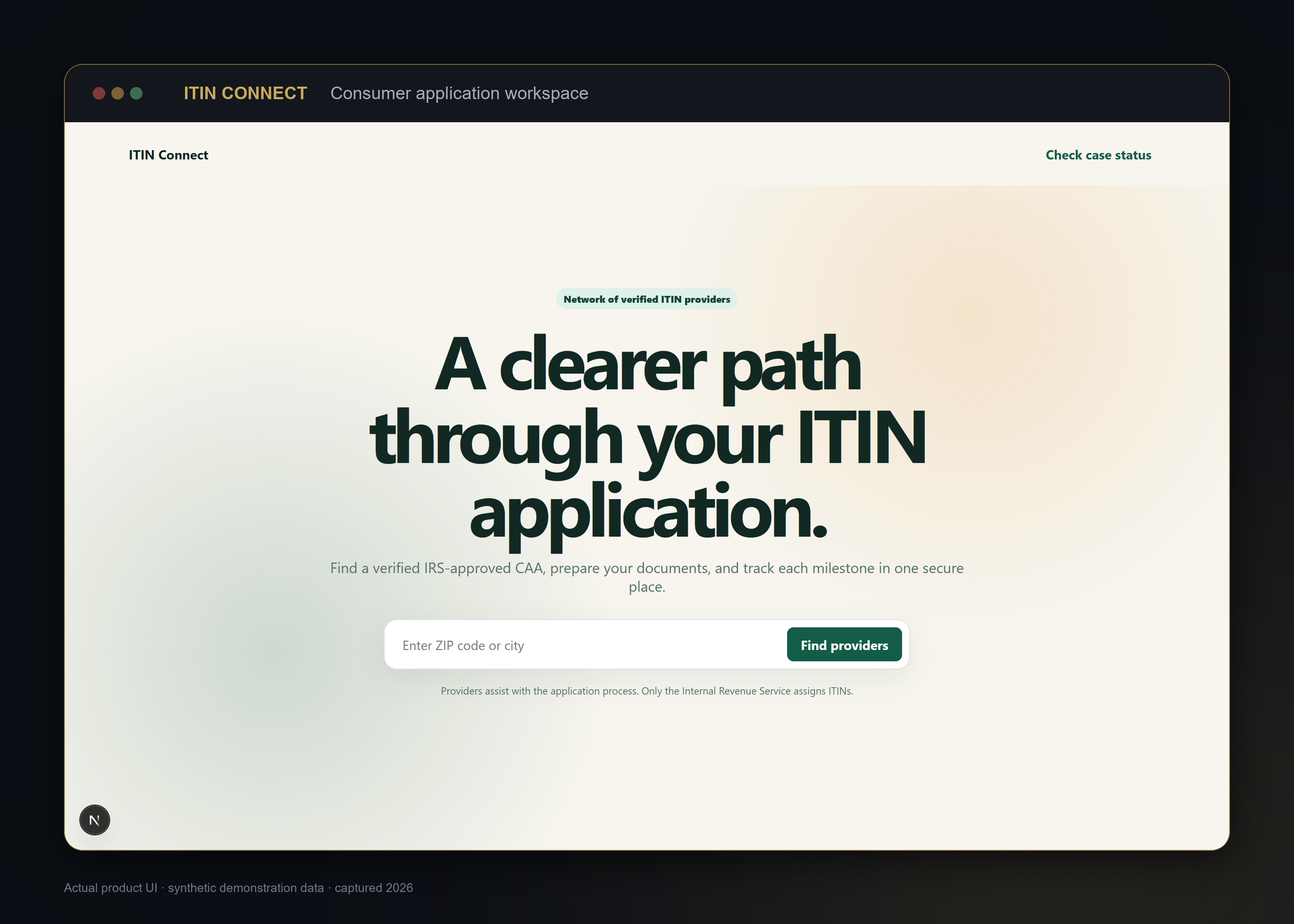ITIN Connect workspace showing provider search and guided application options