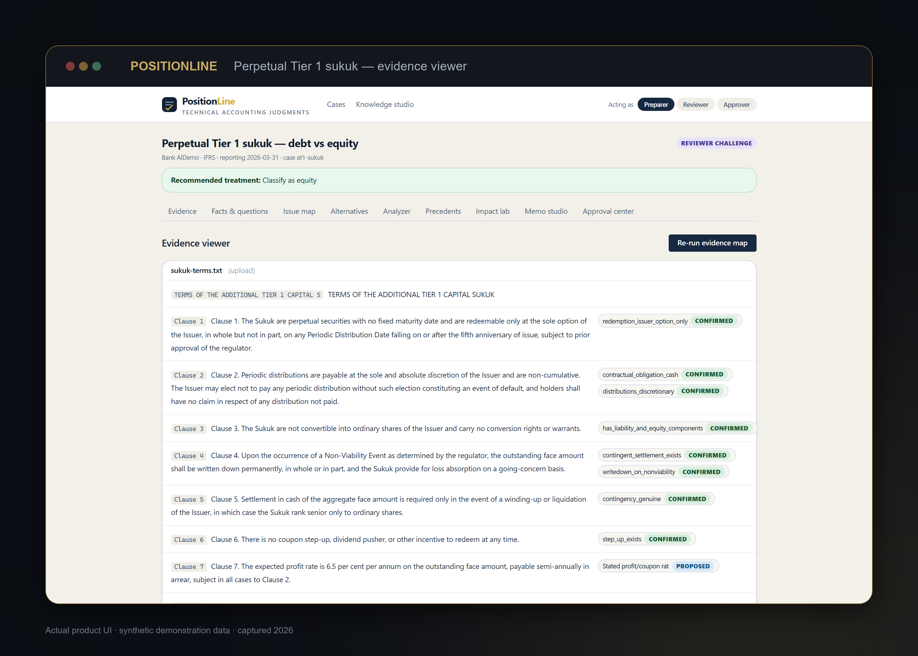 PositionLine workspace linking contract clauses to accounting requirements and a proposed classification