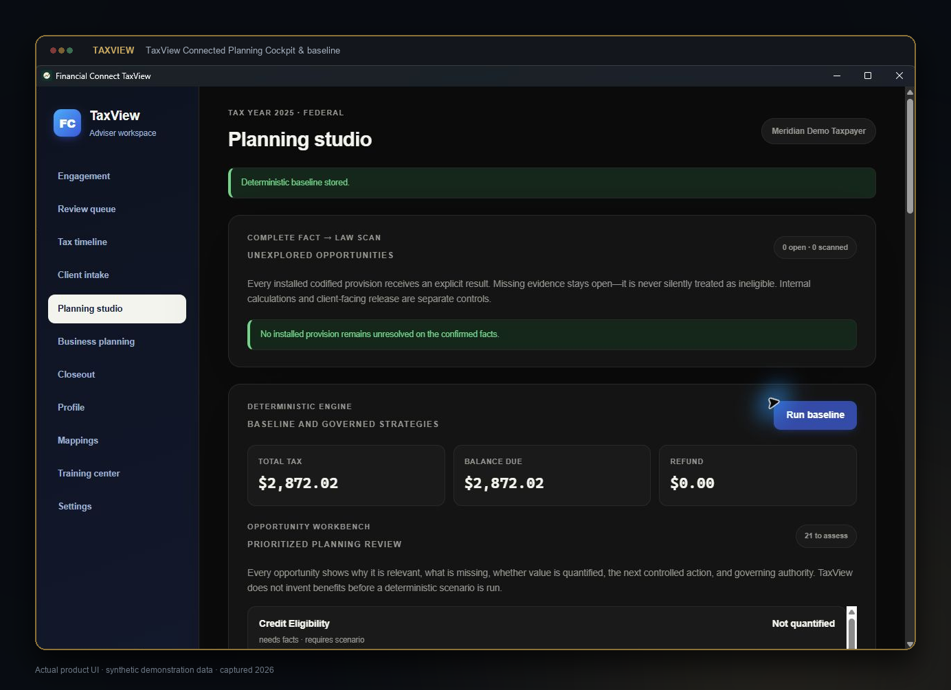 TaxView workspace showing a current-law baseline and ranked planning ideas